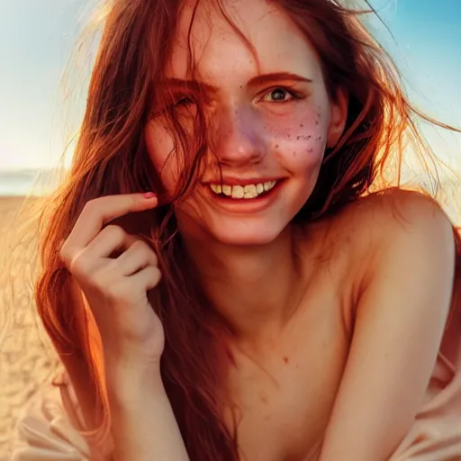 Image similar to portrait of a cute thin young woman, red blush, cute freckles, smug smile, modern clothes, relaxing on the beach, golden hour, close up shot, soft focus, 8 k, art by irakli nadar, hyperrealism, hyperdetailed, ultra realistic