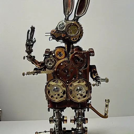 Prompt: mechanical clockwork hare steampunk victorian automaton, robot cybernetic anatomical hare, hyper realistic, width 1 0 2 4