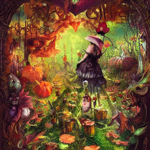 Image similar to Hell and heaven, captured in bottles, a heart full of envy, The Autumn Plague Gardener, the theme of Alice in Wonderland, digital painting, its softness partakes of fluidity, illustration, deep dark, artstation, intricate, biodiversity in a world of change and constancy, ue5, by deiv calviz and bossmonsterbani