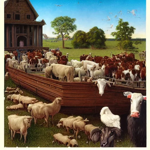 Image similar to an extremely detailed matte painting of the animals leaving noah's ark, dogs, cows, sheep, chickens, ducks, 4 k, noah's ark, antediluvian, by bob ross and norman rockwell