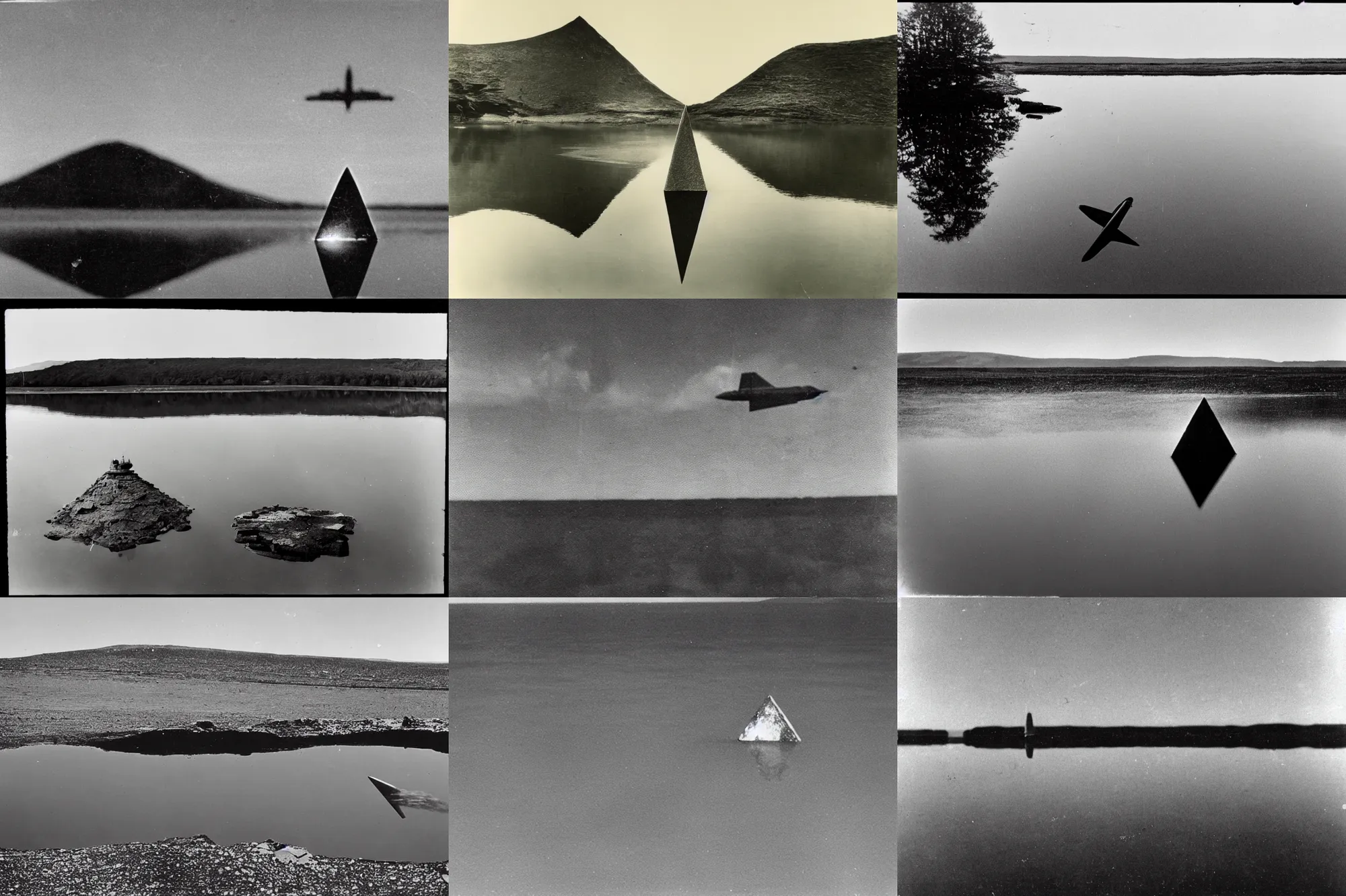 Prompt: declassified photograph of small triangular rock reflecting in still pond with distant military jet flying in background, film grain, 3 5 mm lens, wales, government archive