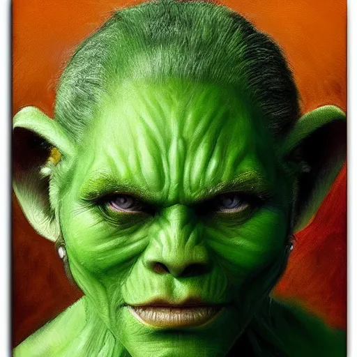 Image similar to character portrait of a green orc female, light green tone beautiful face by jeff legg