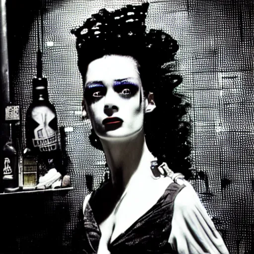 Prompt: cinematic portrait of bride of frankenstein as a replicant in a nightclub, still from the movie bladerunner, fashion photography, a neon sign is in the background