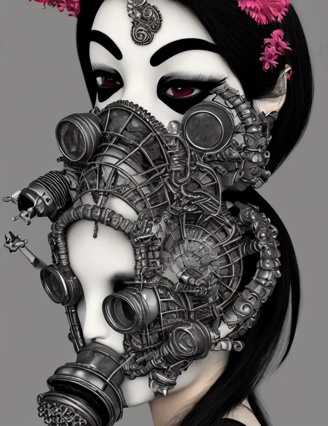 Image similar to 3 d goddess close - up profile punk portrait with vintage gas mask ram skull. beautiful intricately detailed japanese crow kitsune mask and clasical japanese kimono. betta fish, jellyfish phoenix, bio luminescent, plasma, ice, water, wind, creature, artwork by tooth wu and wlop and beeple and greg rutkowski