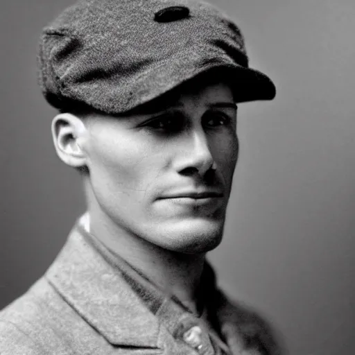 Image similar to A photograph portrait of Jerma985 wearing a newsboy cap in the early 1900s, taken in the early 1900s, grainy, taken on a early 1900s Kodak Camera, realistic, hyperrealistic, very realistic, highly detailed, very detailed, extremely detailed, detailed, digital art, trending on artstation