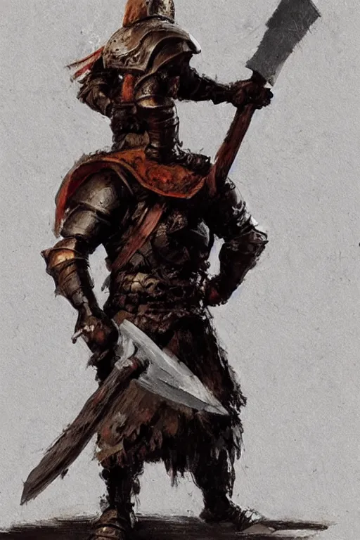 Image similar to a knight holding an axe, leaning against axe concept art in style of Greg Rutkowski, painted by Frank Frazetta, John Singer Sargant