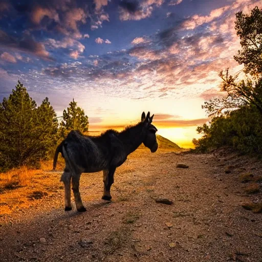 Image similar to an amazing portrait of a donkey on a slim rocky path, rocky mountains in the background, sunset sky photography, award winning cinematic lighting, highly detailed