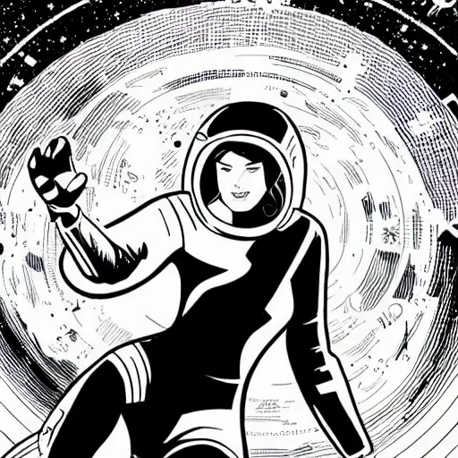 Prompt: clean simple line art of a woman floating in space. she is an astronaut, wearing a space suit. white background. well composed, clean black and white line drawing, beautiful detailed face. illustration by josan gonzalez and steve ditko and greg rutkowski