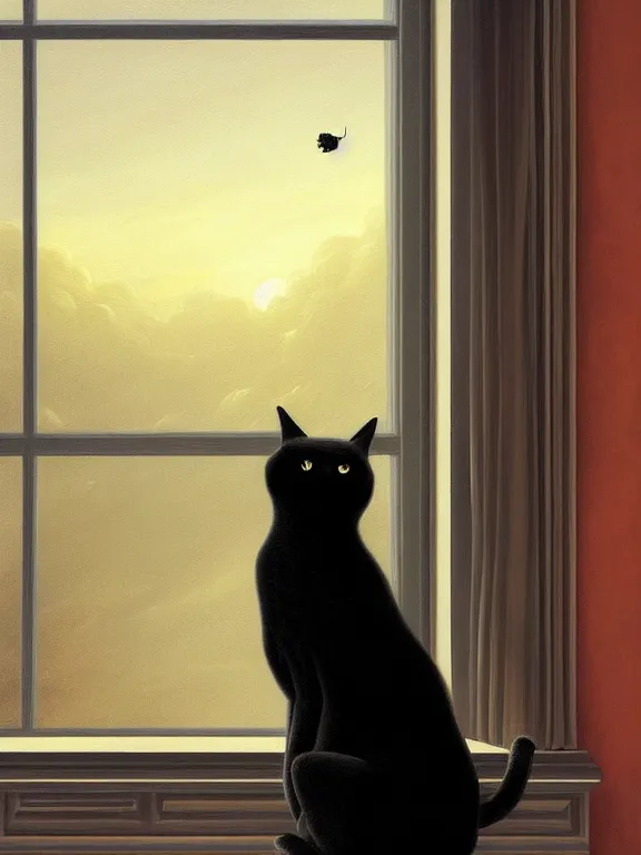 Prompt: a beautiful and highly detailed painting of a black cat on a window sill glass window reflections by Iwan Baan, Cyril Rolando, David Friedrich, Martin Johnson Heade and Lee Madgwick hyperreal 4k artstation