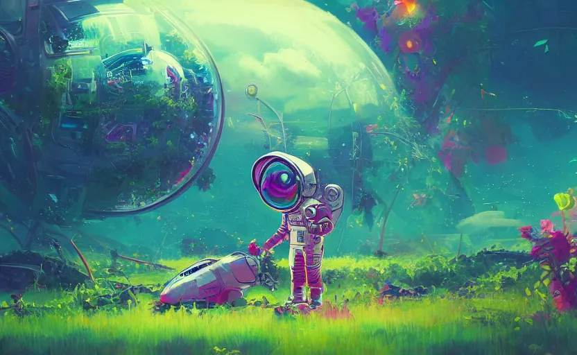 Image similar to a beautiful 8 bit painting of a cute adorable kawaii futuristic vr plastic android astronaut sitting on a lush planet of foliage, the destroyed wreckage of a crashed spaceship, steam, thick colorful smoke, ross tran, ron walotsky, greg rutkowski, trending on artstation