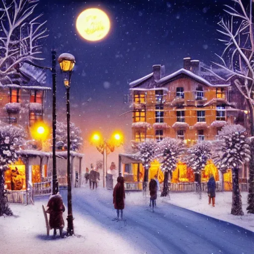 Image similar to winter town centre inspired by Evgeny Lushpin, Peter Zumthor,bus,people walking winter sunset,full moon,p