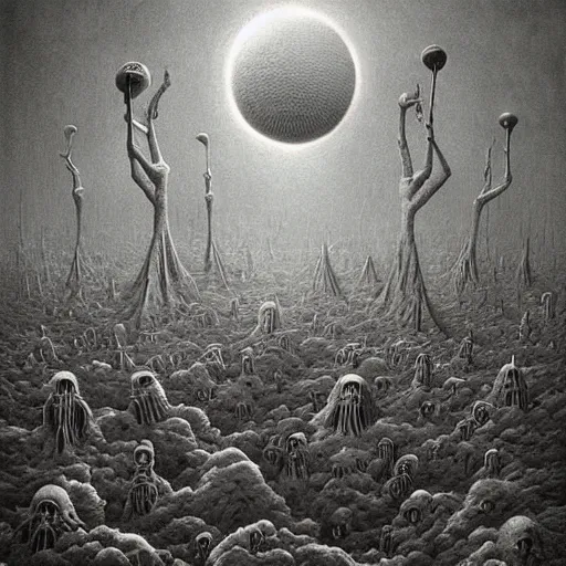 Image similar to a hyperrealistic brightly colored painting of a psychedelic alien nightmare, blue skies, by john kenn mortensen and zdzislaw beksinski, highly detailed, vivid color,