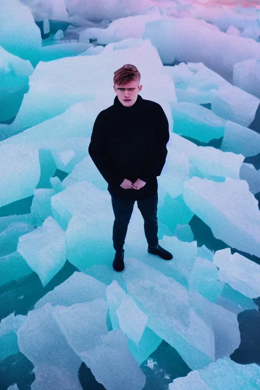 Image similar to high quality pastel coloured film mid angle selfie photograph of a young beautiful man standing in an icelandic black rock environment. atmospheric. three point light. photographic. art directed. pastel colours. volumetric light. stark. waves glitch. 8 k. filmic.