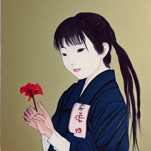 Image similar to a painting of Japanese schoolgirl, clothed, aesthetic