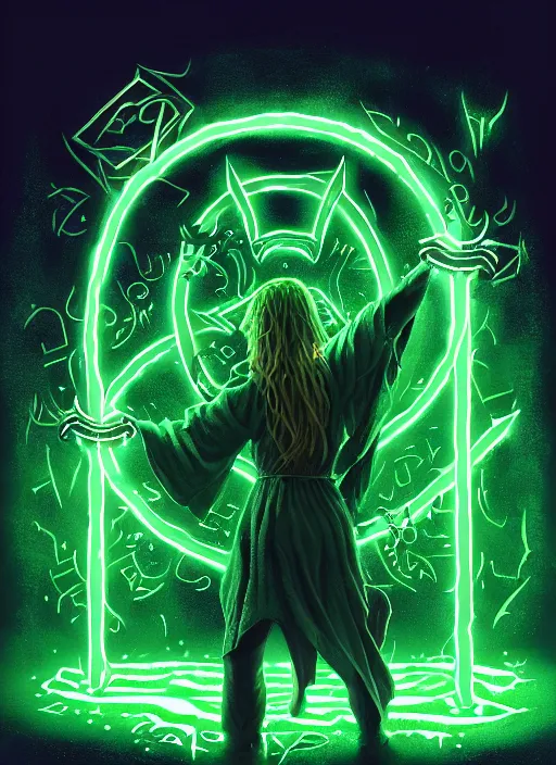 Prompt: illustration of a demonic evil glowing green portal with glowing runes, with hands reaching out from the portal covered in rune tattoos, intricate, demonic, evil green lighting, highly detailed, digital painting, artstation, concept art, smooth, sharp focus, illustration, art by wlop, mars ravelo and greg rutkowski