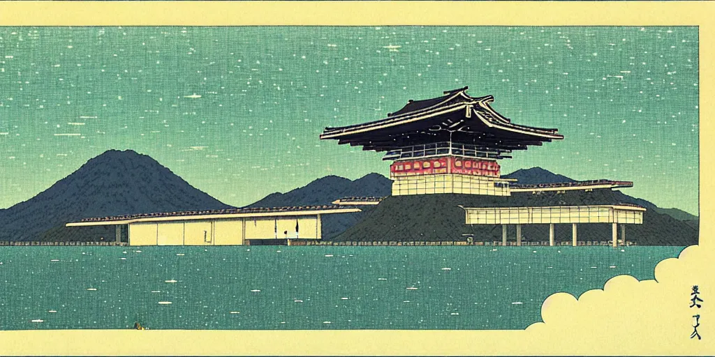 Image similar to a space station by kawase hasui. hd