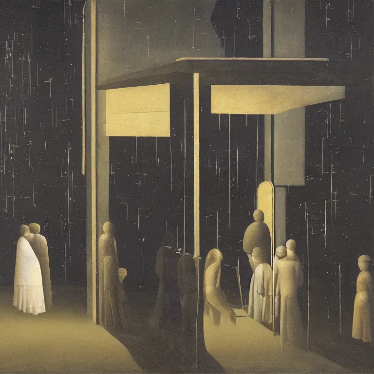 Image similar to a some people waiting in a lone bus stop in quiet dark city night Painting by Piero della Francesca, Morandi, Yves Tanguy, high quality, high resolution,detailed