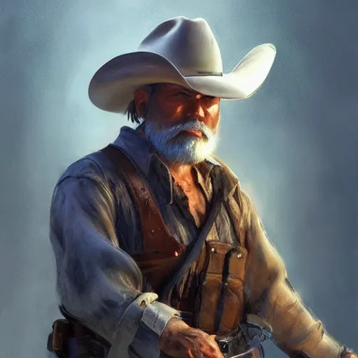 Image similar to cowboy with a katana striking an action pose, old, white beard, wrinkles, handsome, action pose, katana, profile, intricate, detailed, volumetric lighting, scenery, digital painting, highly detailed, artstation, sharp focus, illustration, concept art, ruan jia, steve mccurry