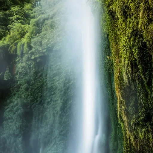 Image similar to A waterfall in the jungle, 8k, professional photography, cinematic shot, dark, smoke