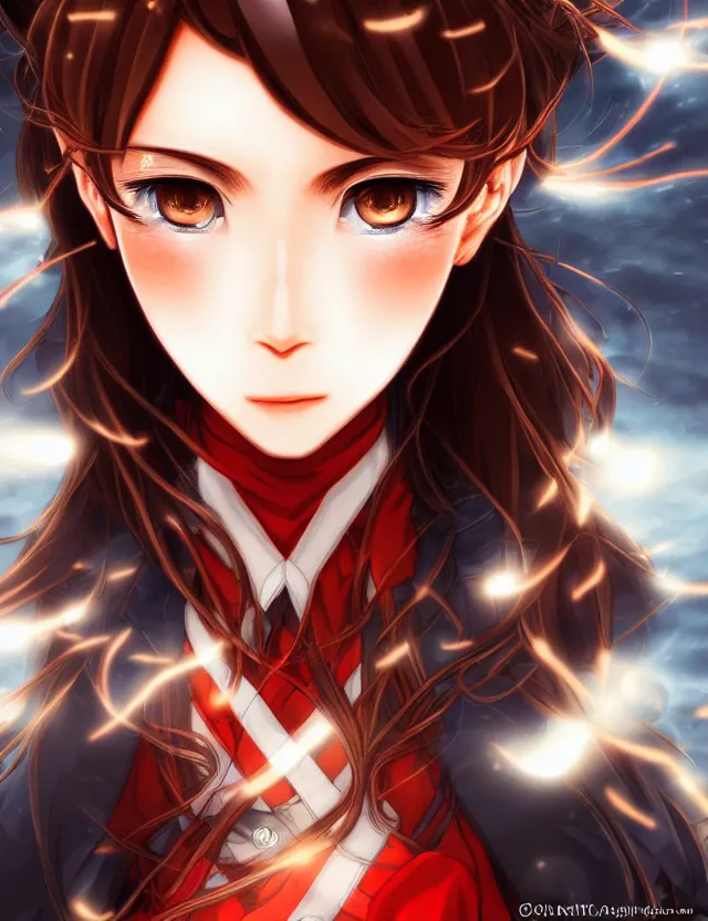 Image similar to a detailed manga portrait of a beautiful brown haired woman in a military uniform glowing with swirling red energy, trending on artstation, digital art, 4 k resolution, detailed, high quality, sharp focus, hq artwork, coherent, insane detail, character portrait