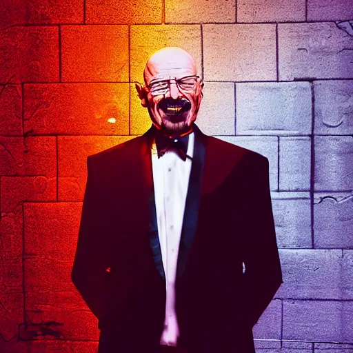 Image similar to portrait of walter white in a tuxedo, laughing in a modern night club, neon lights