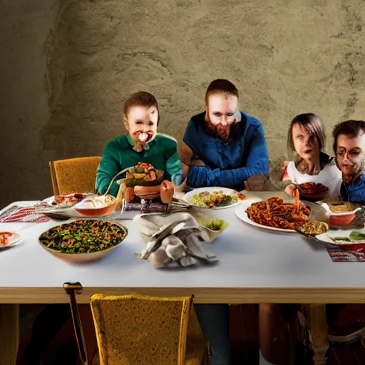 Image similar to traditional balkan family sitting at the dinner table and enjoying insect-based food, 8k render, unreal engine