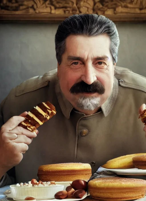 Prompt: closeup portrait of a medieval stalin eating cakes in the cloisters, depth of field, zeiss lens, detailed, symmetrical, centered, fashion photoshoot, by Annie Leibovitz and Steve McCurry, David Lazar, Jimmy Nelsson, Breathtaking, 8k resolution, extremely detailed, beautiful, establishing shot, artistic, hyperrealistic, beautiful face, octane render