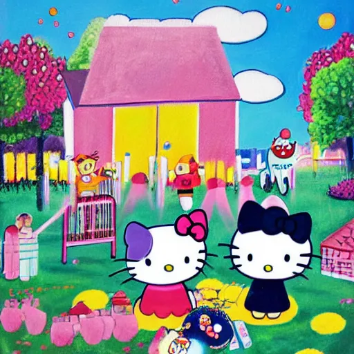 Image similar to painting of hello kitty and kuromi and hello kitty friends playing outside on a sunny day, by yoko shimizu, by sanrio