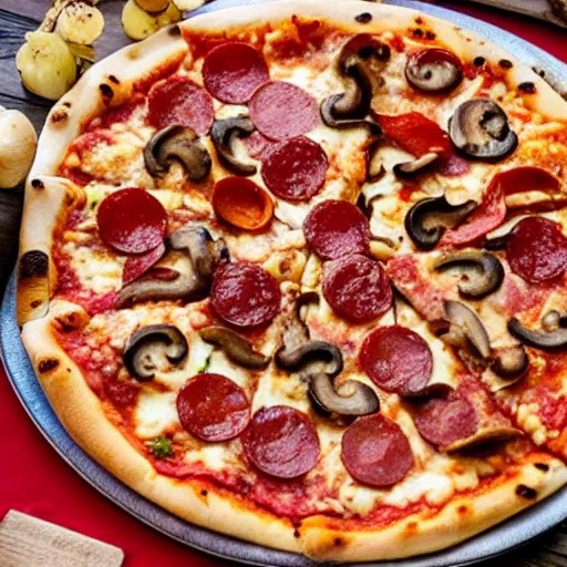 Prompt: A delicious plate of pizza, pepperoni, mushrooms, food photography, michilin star