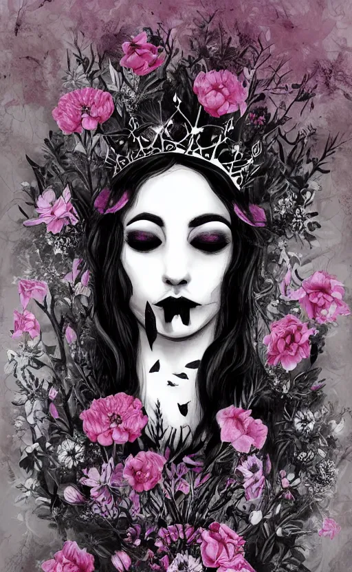 Prompt: tranquil oblivion, floral queen, Gothic flowers, artwork by artgem