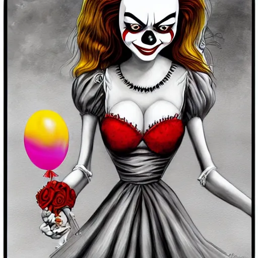 Image similar to grunge cartoon painting of margot robbie with a wide smile and a red balloon by chris leib, loony toons style, pennywise style, corpse bride style, horror theme, detailed, elegant, intricate