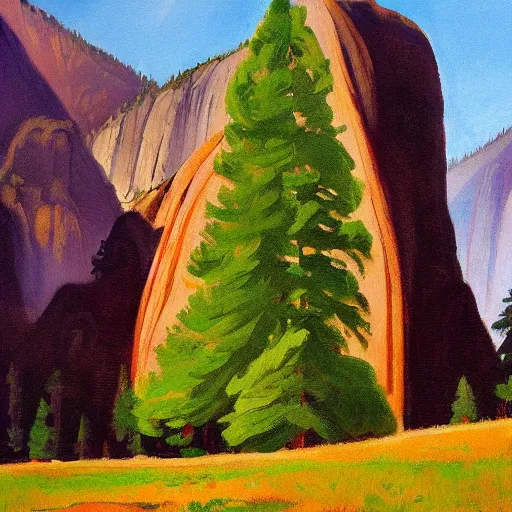 Prompt: a beautiful painting of a sequioia tree in the middle of yosemite valley in the style of edward hopper