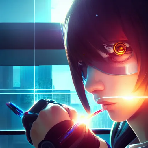 Image similar to beautiful cyborg girl punching a large reflective window, refractions on lens, full round face, biomechanical details, cyberpunk anime art, full body shot, window reflections, lens flare, wlop, ilya kuvshinov, artgerm, krenz cushart, greg rutkowski