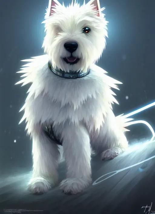 Image similar to a west highland white terrier, anime art style, wearing futuristic, led - lit armor, and a cannon mounted on his back, portrait, high detail, sharp focus, digital painting, artstation, concept art, art by hayao miyazaki and artgerm and greg rutkowski and alphonse mucha.