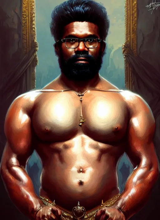 Image similar to portrait of romesh ranganathan, d & d, muscular! fantasy, intricate, elegant, highly detailed, digital painting, artstation, concept art, smooth, sharp focus, illustration, art by artgerm and greg rutkowski and alphonse mucha