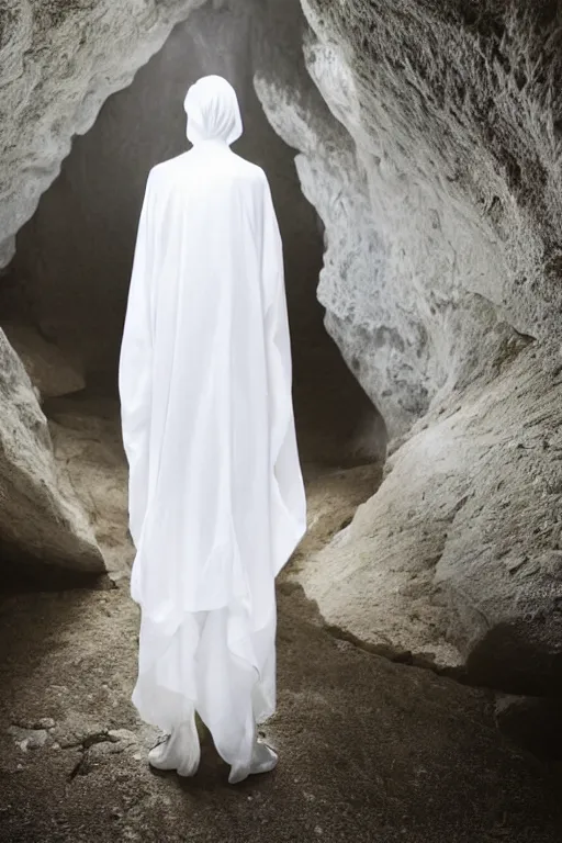 Image similar to a full body back samarai cloaked in white with white long hair, standing in light beam of a dark cave, high quality, ultra detail, wide view