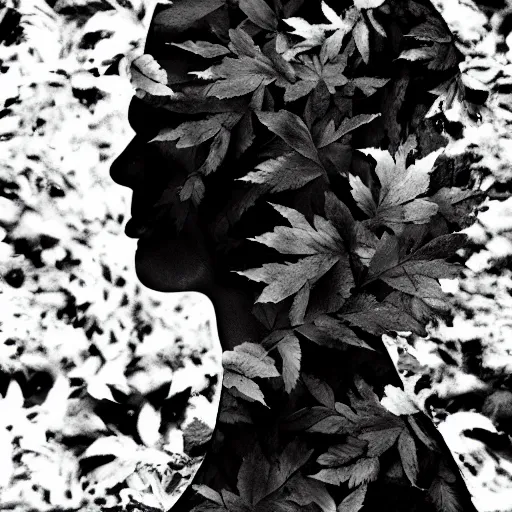 Image similar to profile of a woman made of leaves, double exposure, artistic, hd, b&w