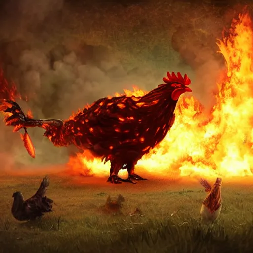 Prompt: giant chicken war machine in flames