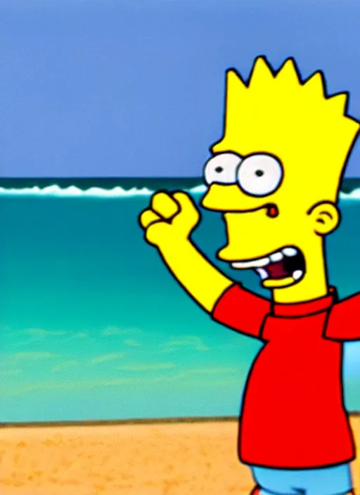 Image similar to professional photo of bart simpson, with muscular fit body and very very very detailed face, on the beach at noonday, blur background, original simpsons cartoon style