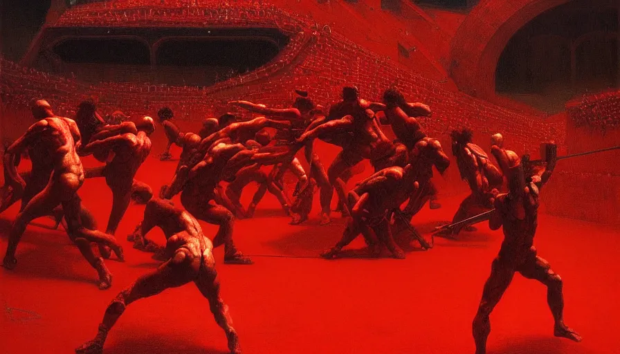 Image similar to only with red, gladiator battle in a crowded roman amphitheatre, crowd cheering, in the style of beksinski and edward hopper and rodcenko and yue minjun and cory loftis, intricate and epic composition, red by caravaggio, highly detailed, masterpiece, red light, artstation, art nouveau