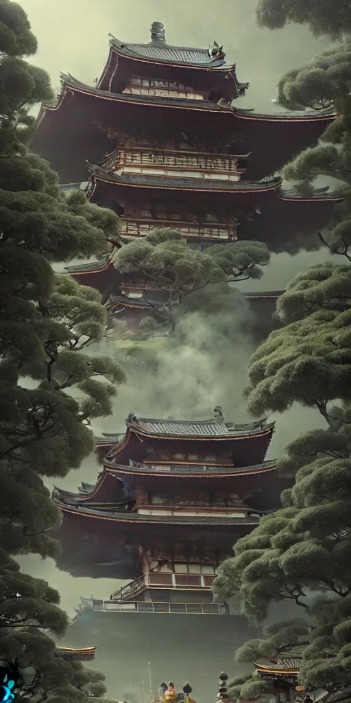 Image similar to japanese style palace under attack, hyper realistic, lush gnarly plants, 8 k, denoised, by greg rutkowski, tom bagshaw, james gurney cozy atmospheric and cinematic lightingg