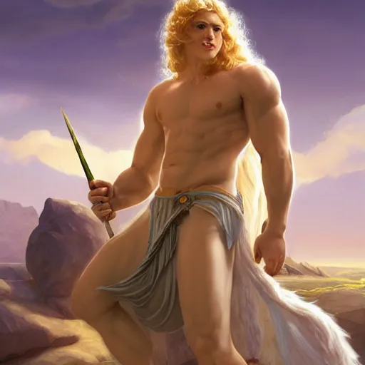 Prompt: Apollo the pale blond Greek God league of legends on his day off, long fluffy curly blond hair with Center parted curtain bangs, highly detailed, digital painting, artstation, concept art, golden ratio composition, smooth, sharp focus, illustration, ArtStation, art by artgerm and greg rutkowski and alphonse mucha and Edmund Blair Leighton and Charlie Bowater