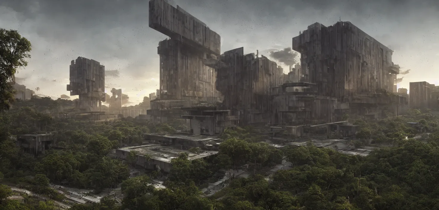 Prompt: brutalist architecture, surrounded by lush green vegetation, stunning volumetric lighting, sunset, rusted metal, concrete, stunning skies, 8k, photorealistic, hyper detailed, unreal engine 5, IMAX quality, cinematic, epic lighting, digital painting in the style of DOOM, by Greg Rutkowski, trending on Artstation