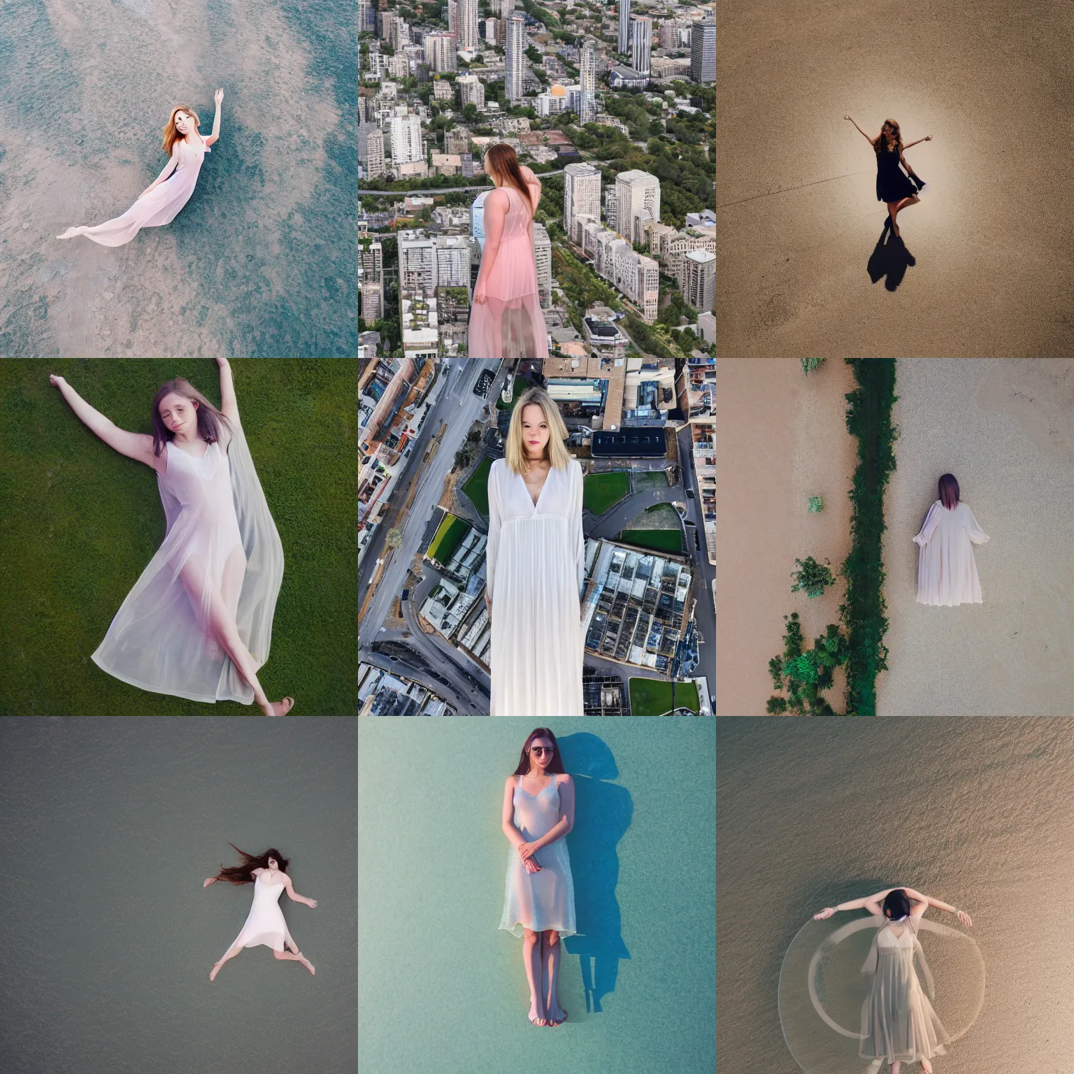 Prompt: aerial shot, photo of a girl in a very wide semi-transparent light dress