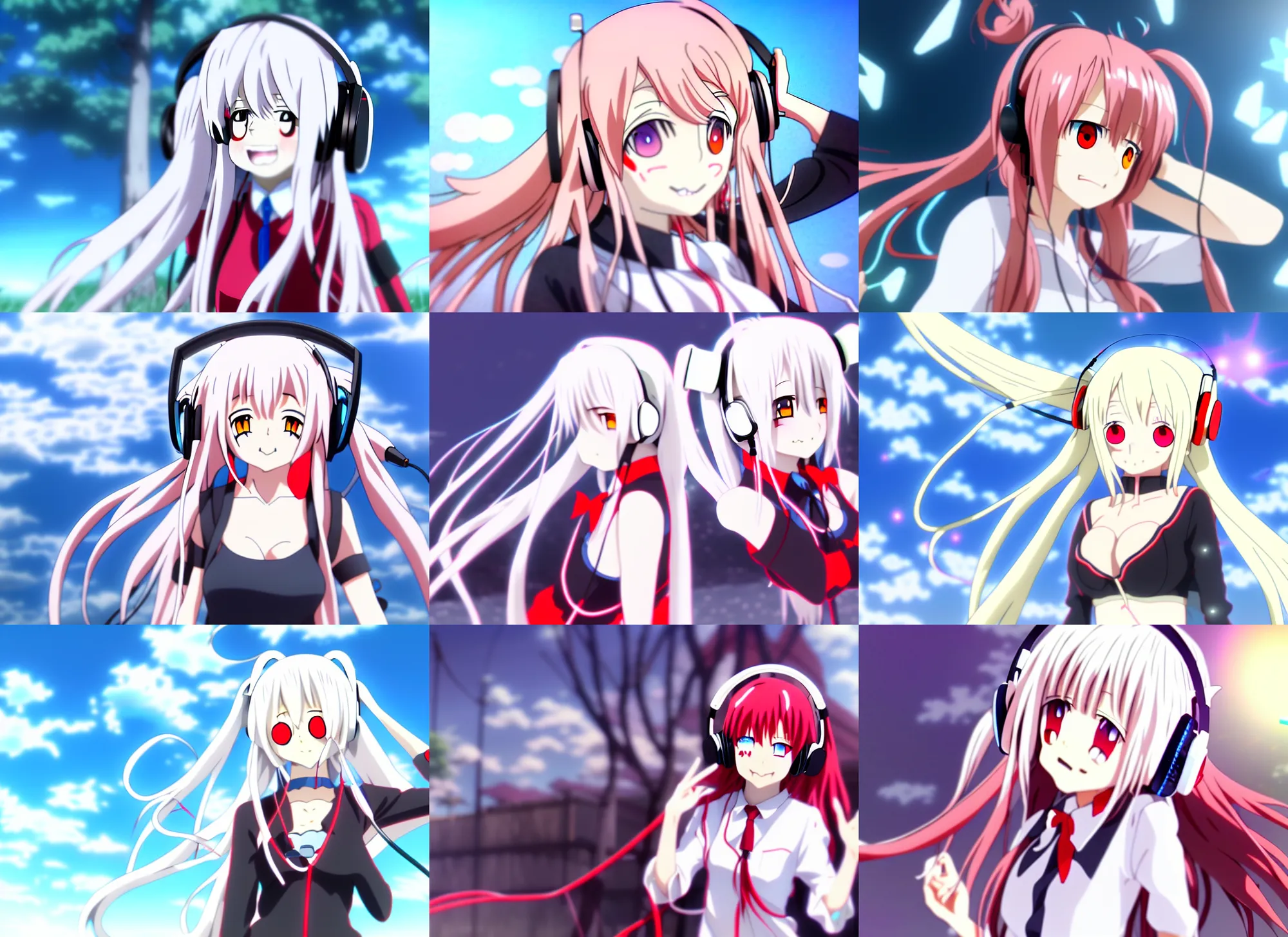 Prompt: anime film still of a long white haired red eyed cute girl wearing a headset, dynamic pose, pixiv, mika pikazo