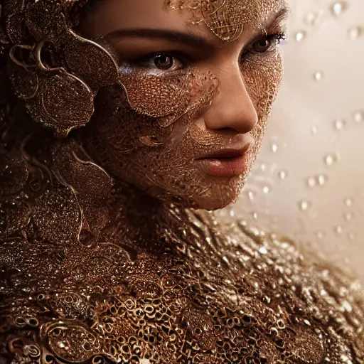 Image similar to a regal brown woman wearing an intricate and detailed armor made of dew drops. multiple layers. reflections. morning dew. textures. delicate. translucent. studio portrait. photorealistic. octane render