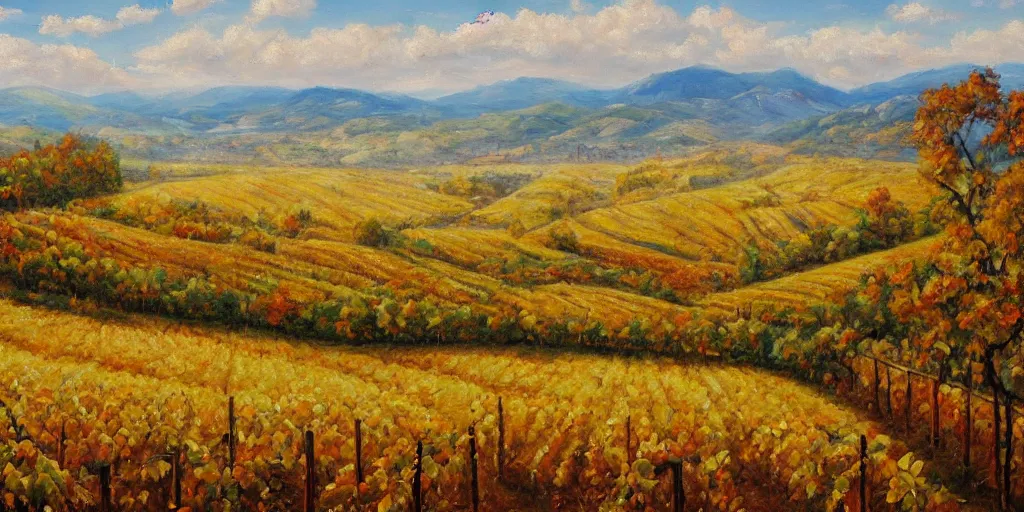 Prompt: a beautiful landscape painting of a sprawling vista with vineyards, autumn season, by zohar flax, oil on canvas, highly detailed, hd, 4 k