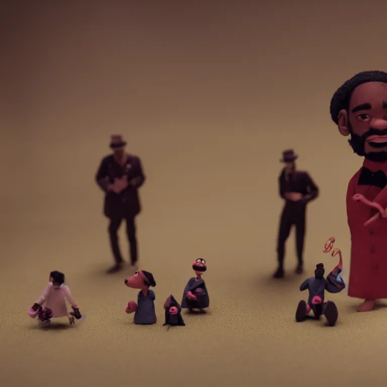 Prompt: a cinematic film still of a claymation stop motion film starring andre 3 0 0 0 hay ya music video, shallow depth of field, 8 0 mm, f 1. 8