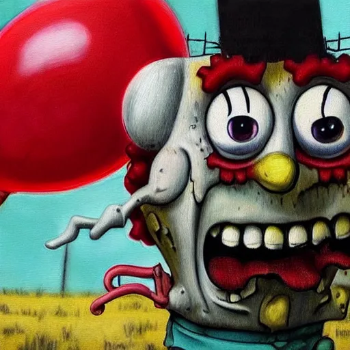 Image similar to grunge painting of spongebob with a wide smile and a red balloon by chris leib, loony toons style, pennywise style, corpse bride style, horror theme, detailed, elegant, intricate