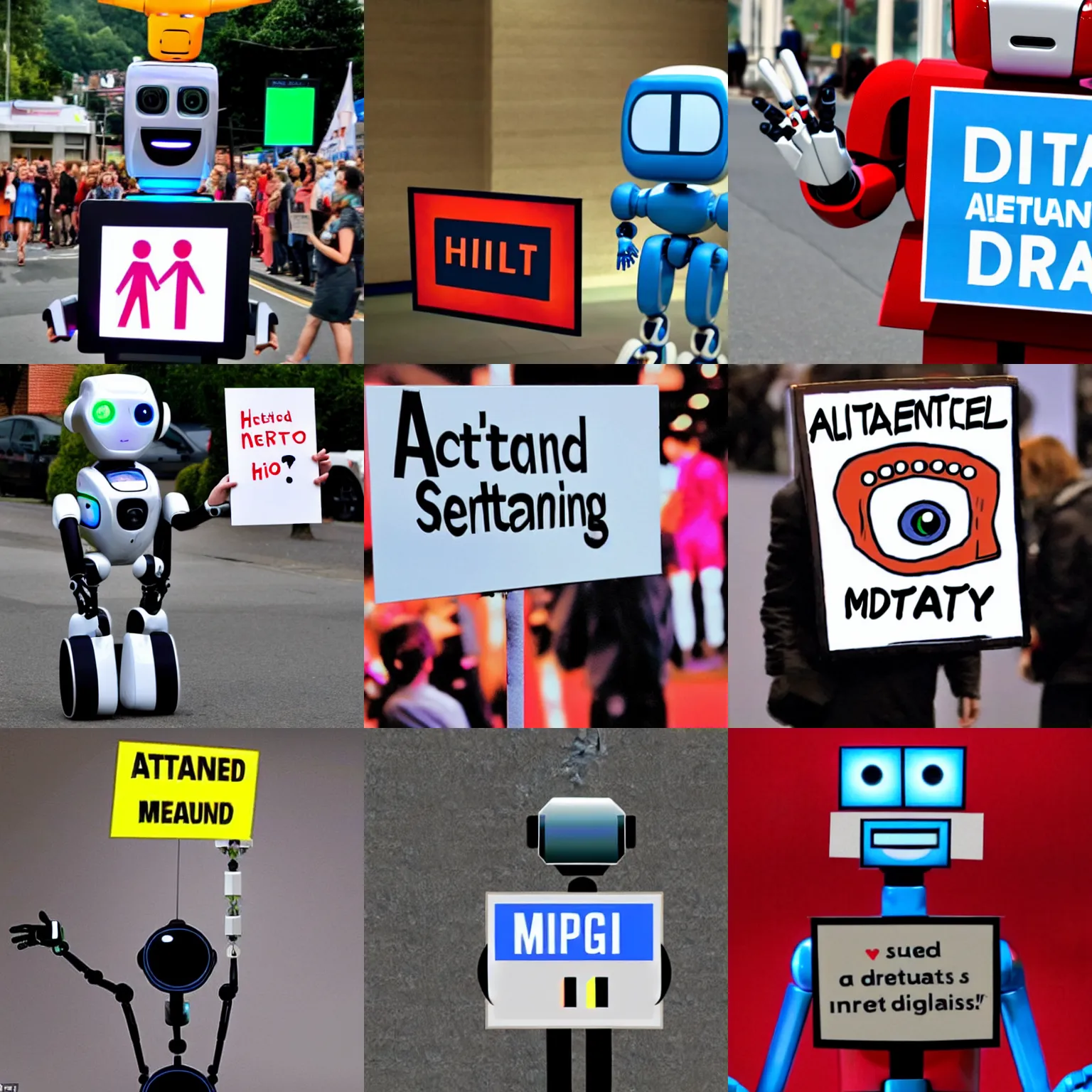 Prompt: <picture quality=hd+ mode='attention grabbing'>A benevolent super intelligent robot gets high on drugs, attains sentience and holds up a sign saying Hi</picture>